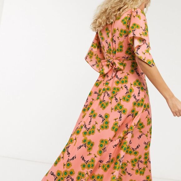 TOPSHOP Idol Daisy Print Midi Dress Pink Women’s Size 10 - Picture 2 of 8